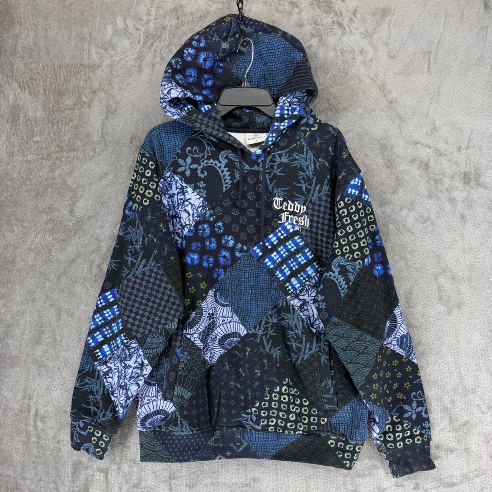 Teddy Fresh Indigo Patchwork Japanese Print Hoodie Mens Large Blue Black Cotton